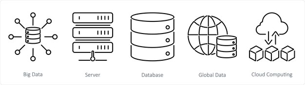 Un conjunto de 5 iconos de análisis de datos como base de datos de servidor de grandes datos