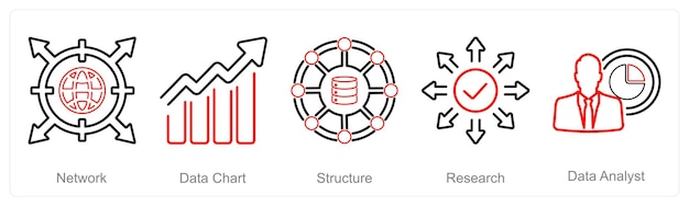 Un conjunto de 5 iconos de análisis de datos como estructura de gráfico de datos de red