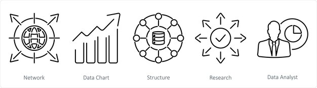 Un conjunto de 5 iconos de análisis de datos como estructura de gráfico de datos de red