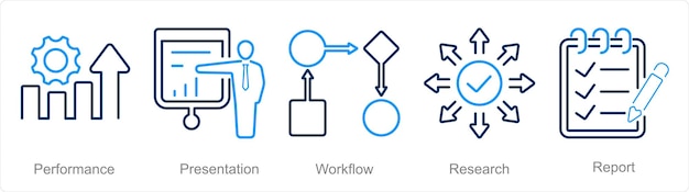 Un conjunto de 5 iconos de análisis de datos como flujo de trabajo de presentación de rendimiento