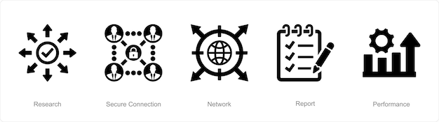 Un conjunto de 5 iconos de análisis de datos como red de conexión segura de investigación