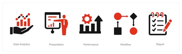Un conjunto de 5 iconos de análisis de datos como rendimiento de presentación de análisis de dados