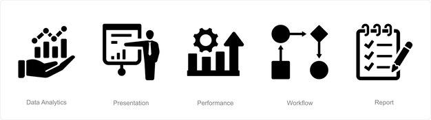 Un conjunto de 5 iconos de análisis de datos como rendimiento de presentación de análisis de dados