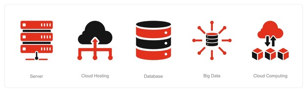 Un conjunto de 5 iconos de análisis de datos como servidor de alojamiento de base de datos en la nube