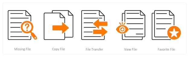 Un conjunto de 5 íconos de archivos como archivo faltante copia de archivo transferencia de archivo