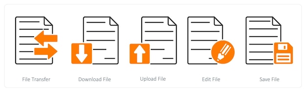 Un conjunto de 5 íconos de archivos como transferencia de archivos descarga de archivos carga de archivos