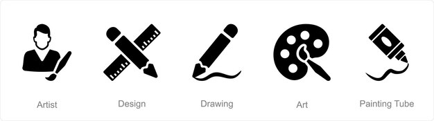 Un conjunto de 5 iconos de arte como dibujo de diseño de artista.