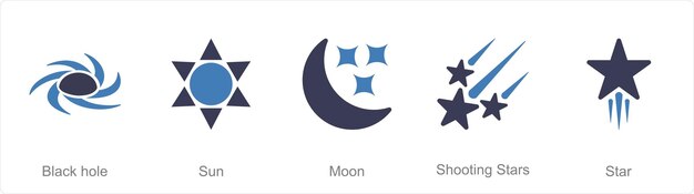 Un conjunto de 5 íconos de astronomía como agujero RLack sol luna