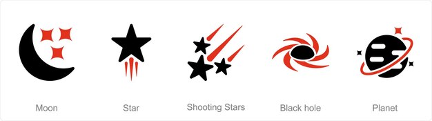 Un conjunto de 5 íconos de Astronomía como estrellas fugaces de estrellas lunares