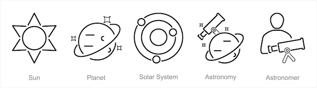 Un conjunto de 5 iconos de astronomía como el sol, el planeta y el sistema solar