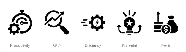 Un conjunto de 5 íconos de aumento de ventas como productividad SEO eficiencia