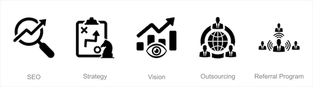 Vector un conjunto de 5 íconos de aumento de ventas como visión de estrategia de seo