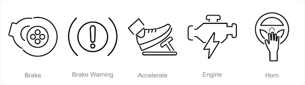 Un conjunto de 5 iconos de automóviles como advertencia de freno freno acelerar