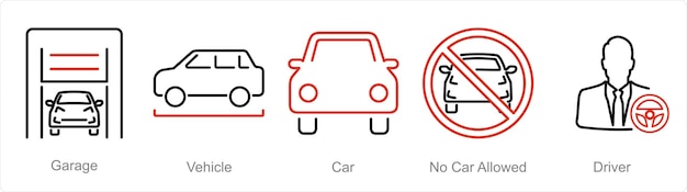 Un conjunto de 5 iconos de automóviles como automóvil de vehículo de garaje