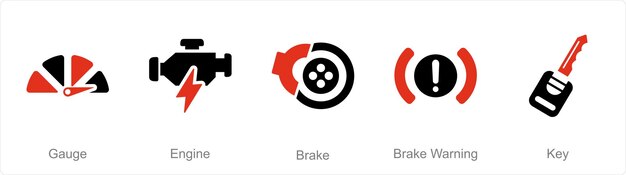 Vector un conjunto de 5 iconos de automóviles como freno de motor de calibre