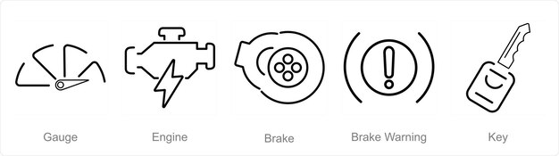 Vector un conjunto de 5 iconos de automóviles como freno de motor de calibre