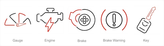 Un conjunto de 5 iconos de automóviles como freno de motor de calibre