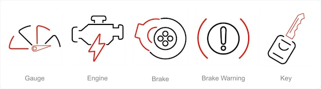 Vector un conjunto de 5 iconos de automóviles como freno de motor de calibre