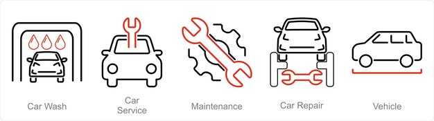 Un conjunto de 5 iconos de automóviles como mantenimiento de servicio de lavado de automóviles