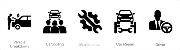 Un conjunto de 5 íconos de automóviles como mantenimiento de vehículos compartidos en averías de vehículos