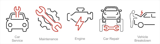 Un conjunto de 5 iconos de automóviles como motor de mantenimiento de servicio de automóviles