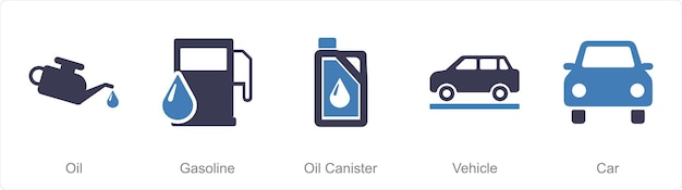 Un conjunto de 5 iconos de automóviles como un recipiente de aceite de gasolina