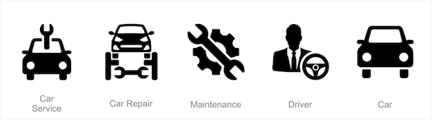 Un conjunto de 5 iconos de automóviles como servicio de automóviles mantenimiento de reparación de automóviles