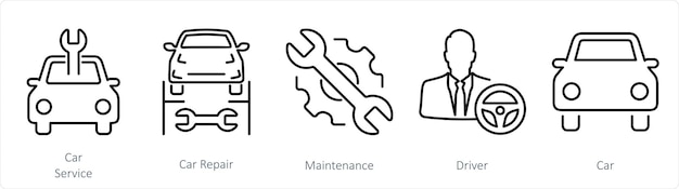 Un conjunto de 5 iconos de automóviles como servicio de automóviles mantenimiento de reparación de automóviles