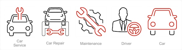 Un conjunto de 5 iconos de automóviles como servicio de automóviles mantenimiento de reparación de automóviles