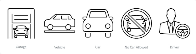 Un conjunto de 5 íconos de automóviles como vehículos de garaje.