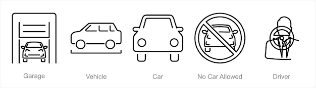 Un conjunto de 5 íconos de automóviles como vehículos de garaje.