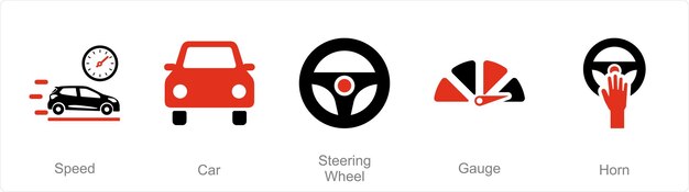 Un conjunto de 5 iconos de automóviles como volante de automóviles de velocidad