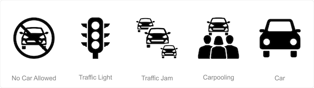 Un conjunto de 5 íconos de automóviles ya que ningún automóvil permite atascos de semáforo