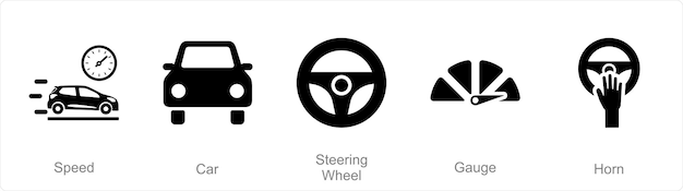 Un conjunto de 5 íconos de autos como volante de autos veloces