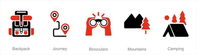 Un conjunto de 5 íconos de Aventura como binoculares de viaje de mochila