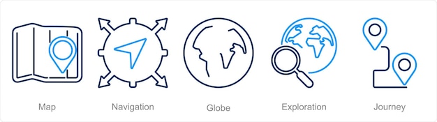 Un conjunto de 5 íconos de Aventura como globo de navegación de mapa