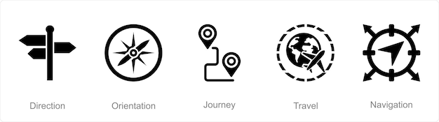 Un conjunto de 5 íconos de Aventura como viaje de orientación direccional