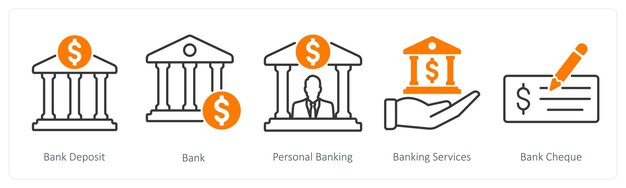 Un conjunto de 5 iconos bancarios como depósito bancario banco bancario personal