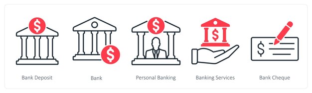 Un conjunto de 5 iconos bancarios como depósito bancario banco bancario personal