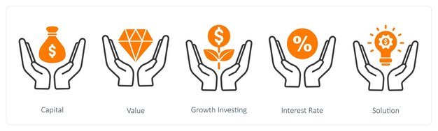 Un conjunto de 5 iconos bancarios como inversión en crecimiento del valor del capital