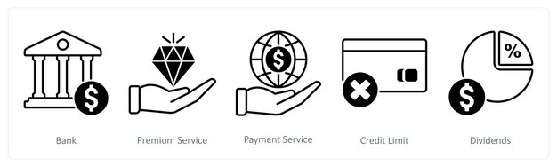 Un conjunto de 5 iconos bancarios como servicio de pago de premium bancario