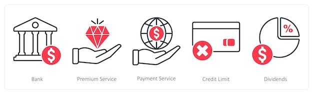 Un conjunto de 5 iconos bancarios como servicio de pago de premium bancario