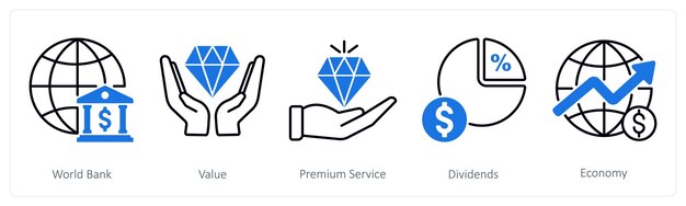 Un conjunto de 5 íconos bancarios como servicio premium de valor bancario mundial