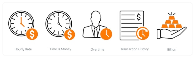 Un conjunto de 5 iconos bancarios como tarifa por hora el tiempo es dinero horas extras