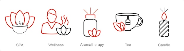 Un conjunto de 5 íconos de Beauty Spa como aromaterapia de bienestar de spa
