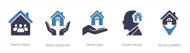 Un conjunto de 5 iconos de bienes raíces como el seguro de hogar de la familia