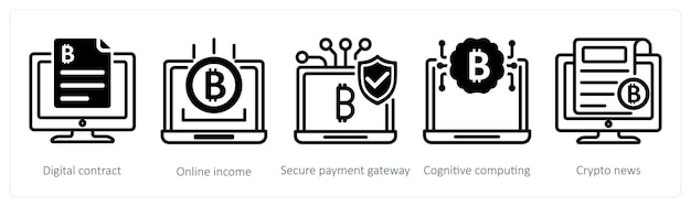 Un conjunto de 5 iconos de bitcoin como contrato digital, ingreso en línea, puerta de entrada de pago segura.