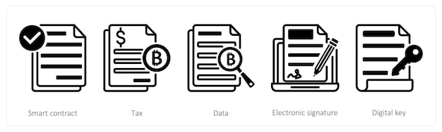Un conjunto de 5 iconos de bitcoin como datos fiscales de contratos inteligentes