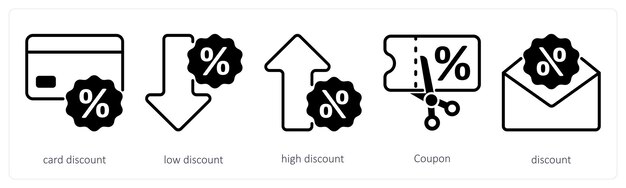 Un conjunto de 5 iconos de Black Friday como tarjeta de descuento bajo descuento alto descuento