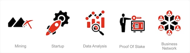 Un conjunto de 5 iconos de Blockchain como análisis de datos de inicio de minería